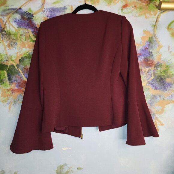 Calvin Klein Burgundy Bell Sleeve Blazer Jacket Gold Zipper Women's 8 - Picture 7 of 10